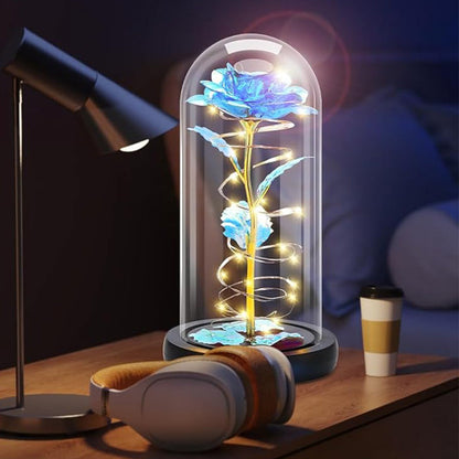 Eternal Rose Night Light in Glass Dome with LED for Bedroom Home Decor Blue
