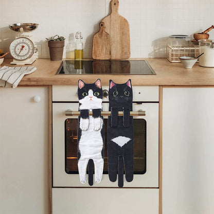 Cute Cat Quick-Dry Hanging Hand Towels Decorative for Bathroom Kitchen-Black