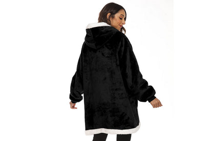 Multifunctional Wearable Blanket For Adult Sherpa Fleece Hooded Blanket Hoodie-Black