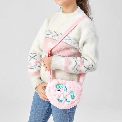Cute Plush Unicorn Crossbody Bag Heart Shape Zipper Shoulder Bag for Girls Pink