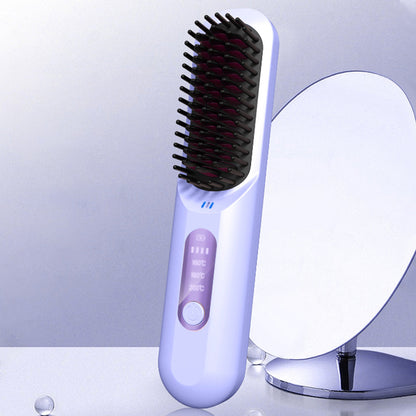 Cordless Hair Straightener Brush Mini Anion Hot Straightener Comb with LED Display Purple