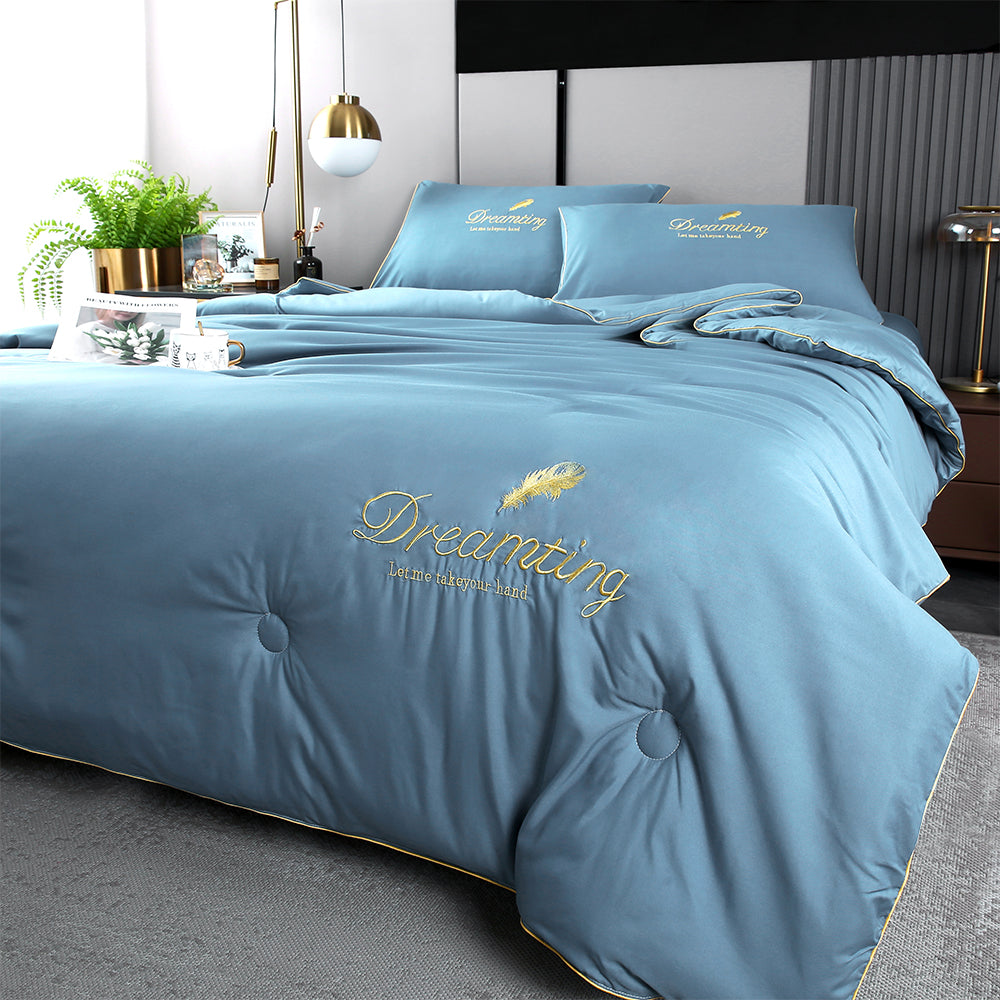 4 Pieces Set Summer Cool Feeling Bedding Set Air Conditioning Comfy Comforter Pillowcase Bed Sheet Blue