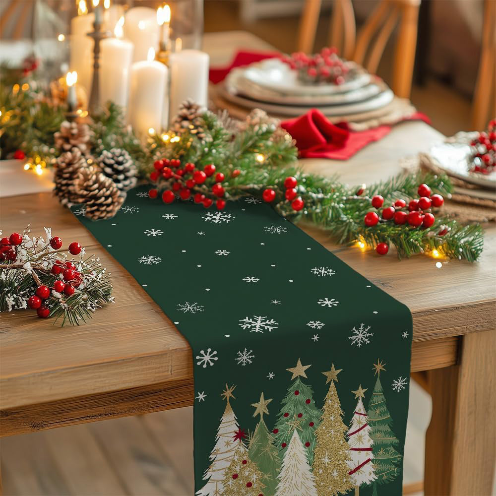 Christmas Table Runner with Xmas Trees Festive Tablecloth Cover for Kitchen Dinner Party Green