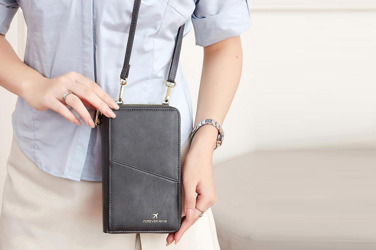 RFID Blocking Passport Wallet PU Document Organizer with Wristlet for Women -Black