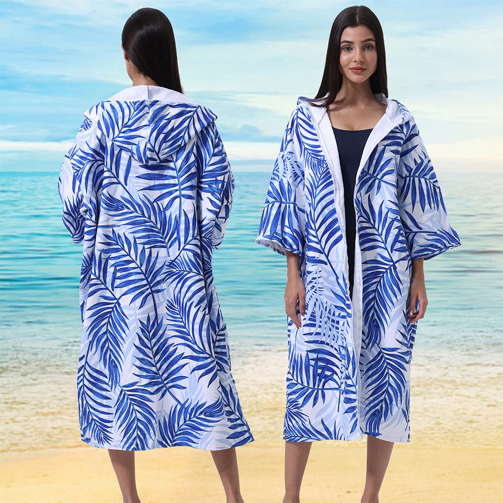Unisex Hooded Towel Poncho Swim Parka for Adults - Blue Leaf