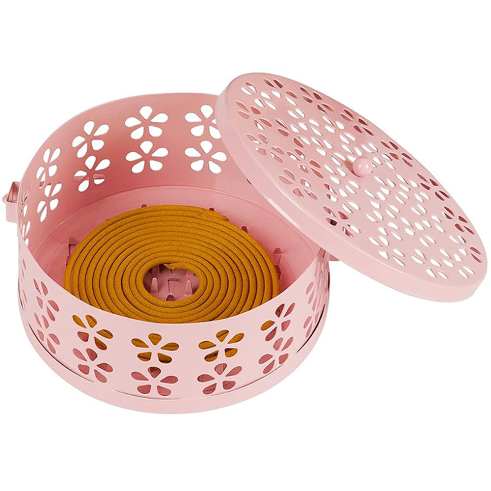 Metal Mosquito Coil Holder with Lid Portable Hanging Incense Burner Box Pink