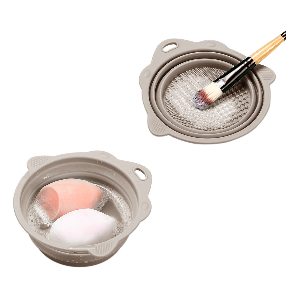 2Pcs Foldable Makeup Brush Cleaner Bowl Portable Silicone Cleaning Tool for Cosmetic Brushes Powder Puffs Sponges Khaki