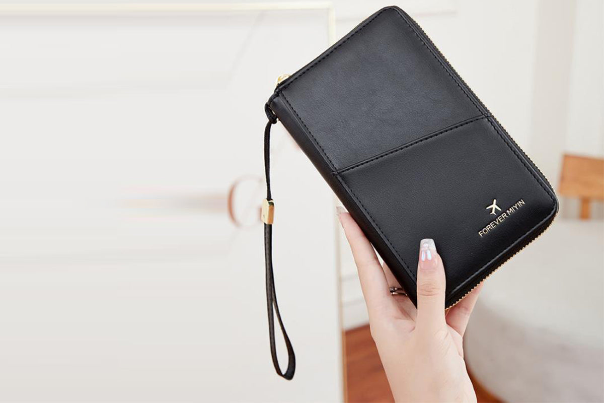 RFID Blocking Passport Wallet PU Document Organizer with Wristlet for Women -Black