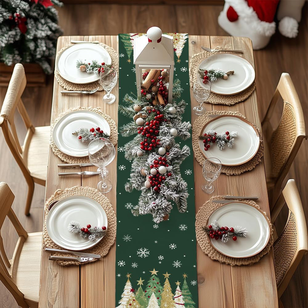 Christmas Table Runner with Xmas Trees Festive Tablecloth Cover for Kitchen Dinner Party Green