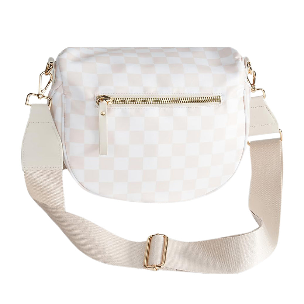 Checkered Crossbody Bag Women Sling Bag with Adjusatble Shoulder Strap Beige