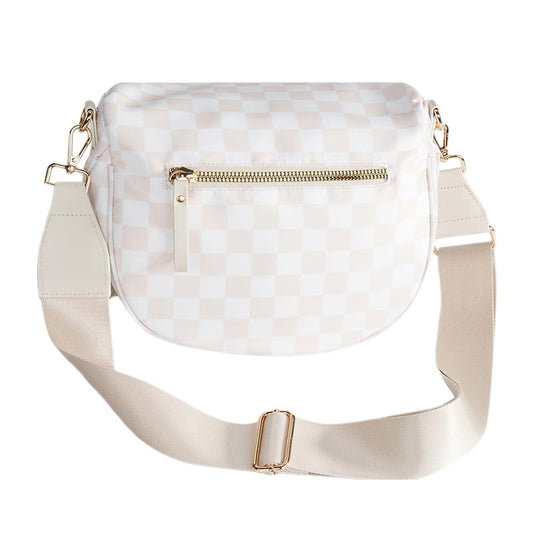 Checkered Crossbody Bag Women Sling Bag with Adjusatble Shoulder Strap Beige