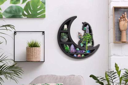 Wooden Shelf Halloween Crystal Display Shelf Decor-Cat in the Moon