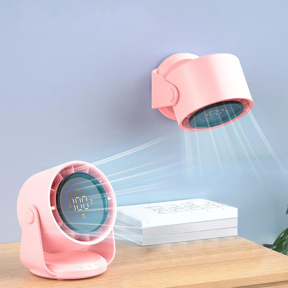 Quiet Table Fans Wall-Mounted Digital Display Rechargeable Fan for Home Office Kitchen Travel Camping Pink
