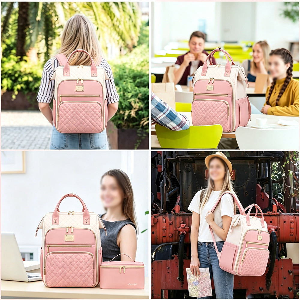 2-in-1 Laptop Backpack with Lunch Bag-Pink