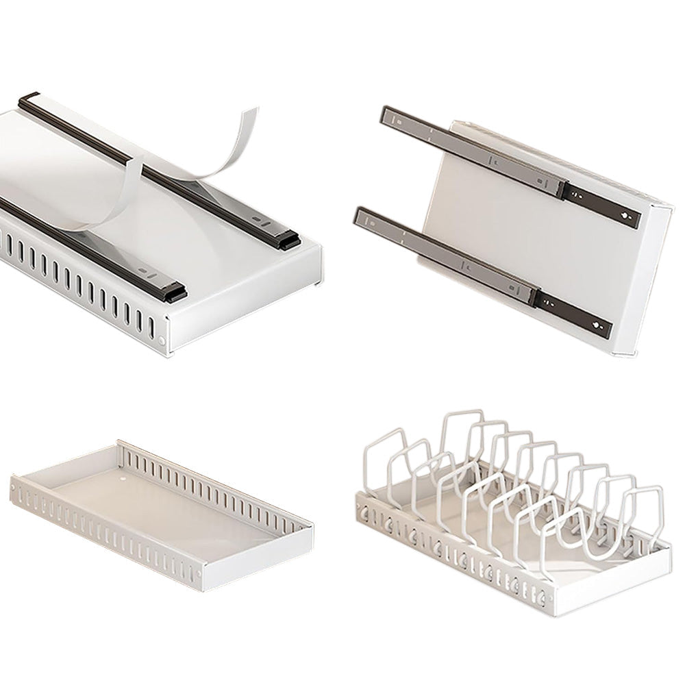 Vertical Pull Out Organizer for Pots and Pans Sliding Storage Rack with Dividers for Kitchen White