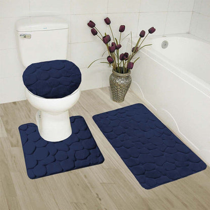 3 Piece Set Bathroom Mats Pebble Pattern Floor Mat Navy