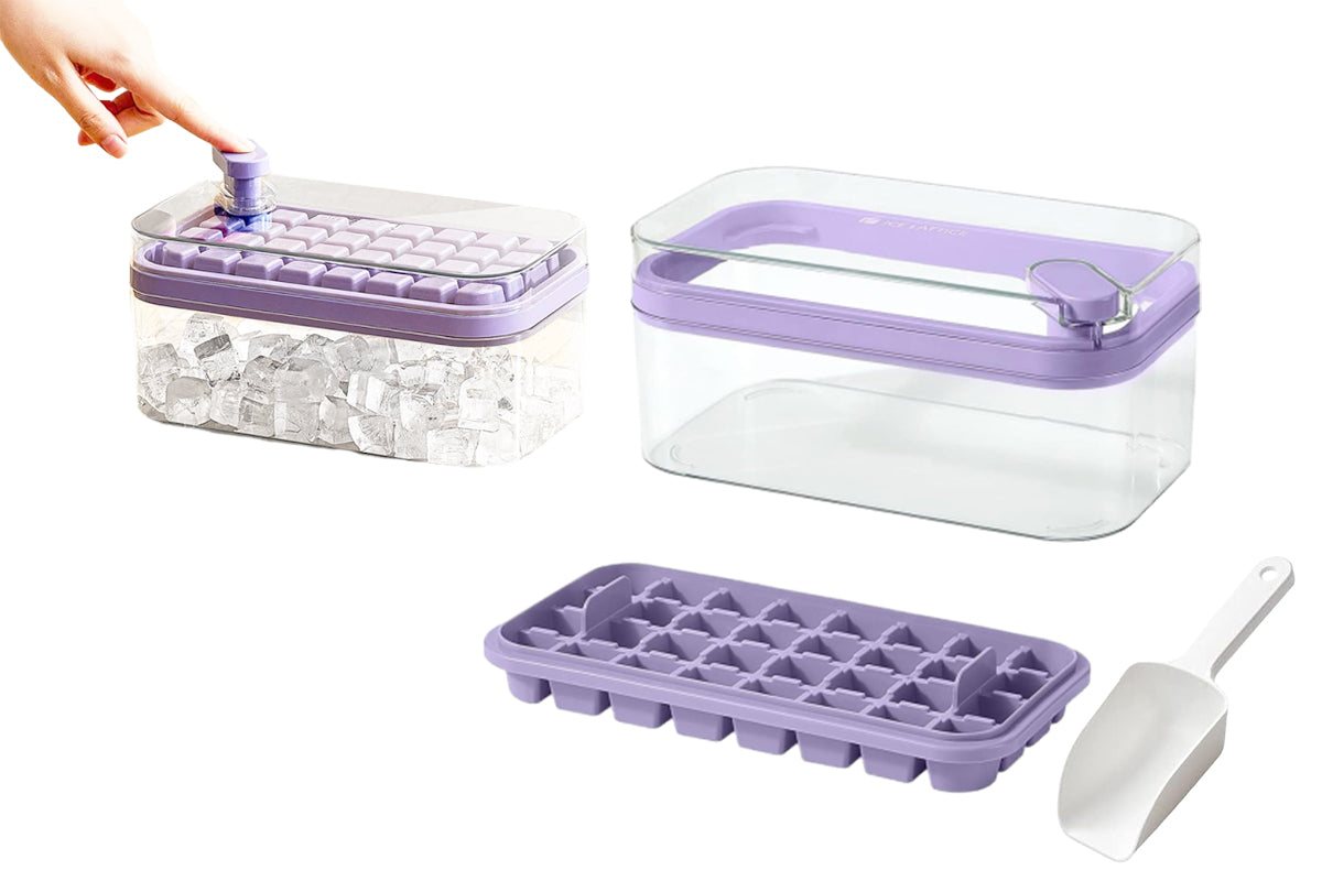 Ice Cube Tray With Lid And Bin For Freezer 64Pcs Ice Cube Mold-Purple