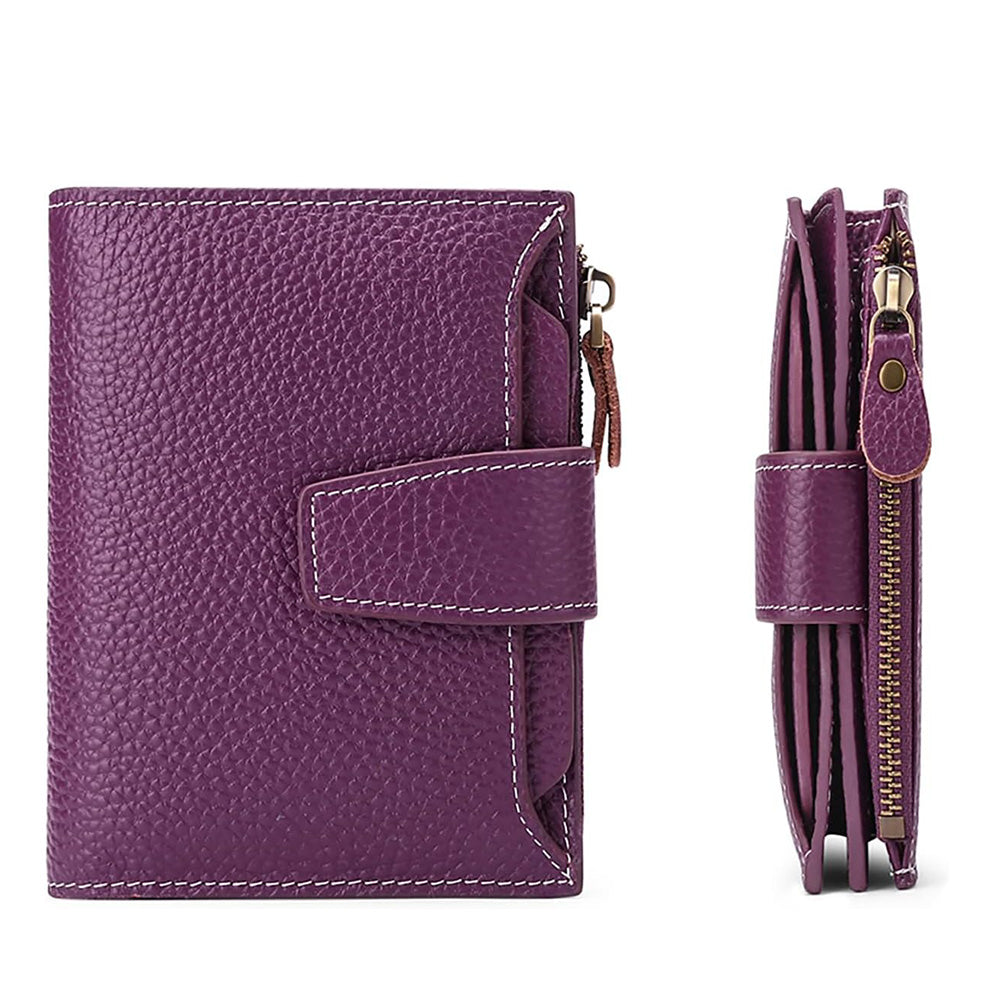 Genuine Leather Women's Wallet Short RFID Blocking Purse with Zipper Purple