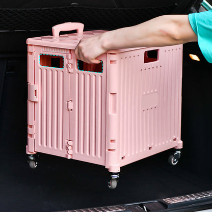 65L Folding Utility Cart Portable Rolling Crate Handcart Shopping Trolley with Lid Pink