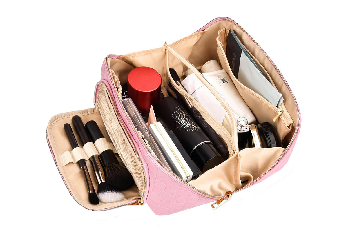 Large Capacity PU Leather Water-Resistant Checkered Cosmetic Bag Travel Makeup Bag-Pink