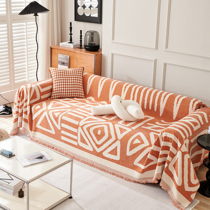 Boho Couch Cover Geometric Sofa Blanket Furniture Protector Orange
