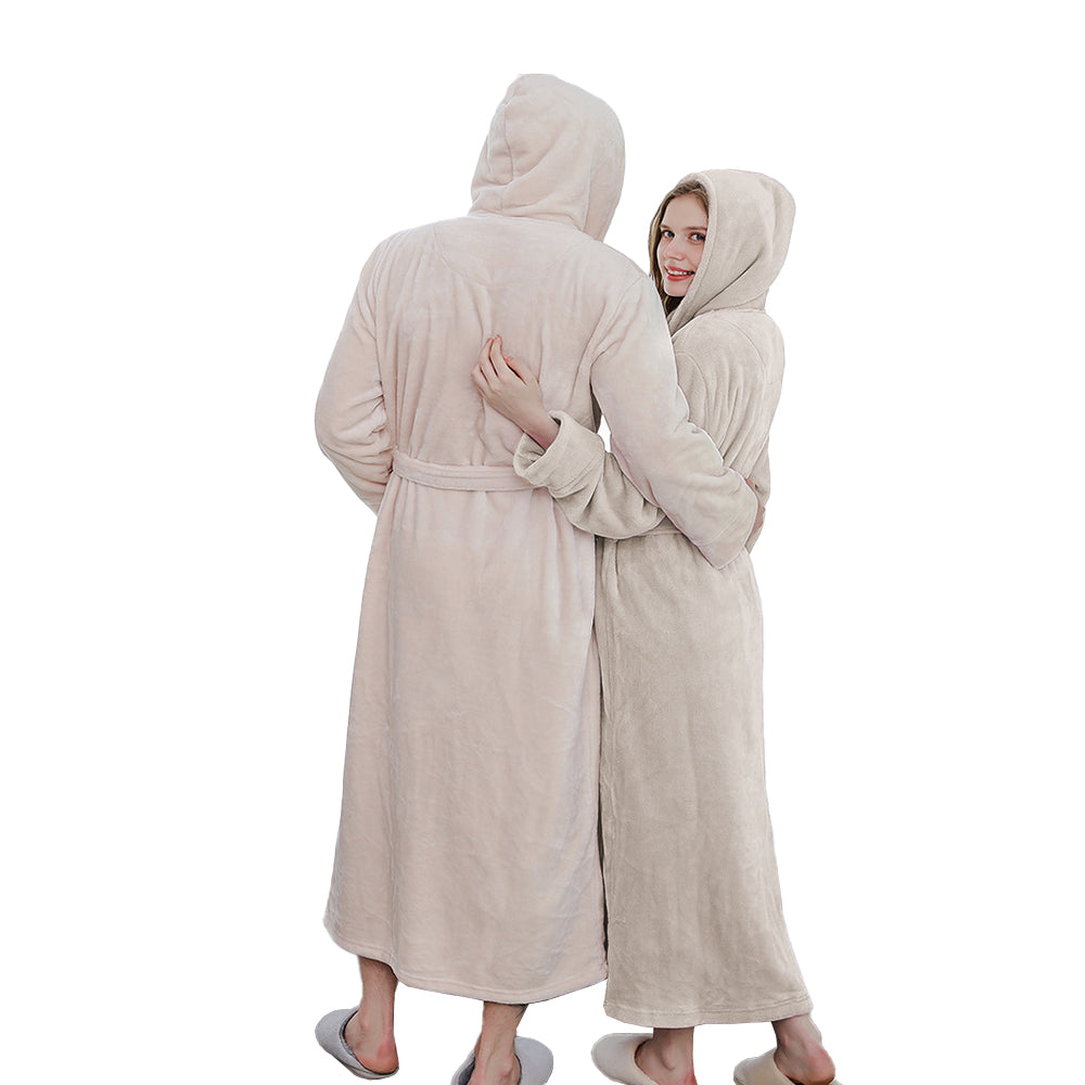 Unisex Winter Long Bathrobe Solid Warm Hooded Bath Robe for Lovers Beige