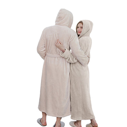 Unisex Winter Long Bathrobe Solid Warm Hooded Bath Robe for Lovers Beige