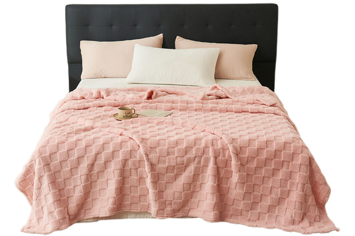 Soft Fleece Throw Blanket Checkered Jacquard Throw Blanket for Couch Bed-Pink