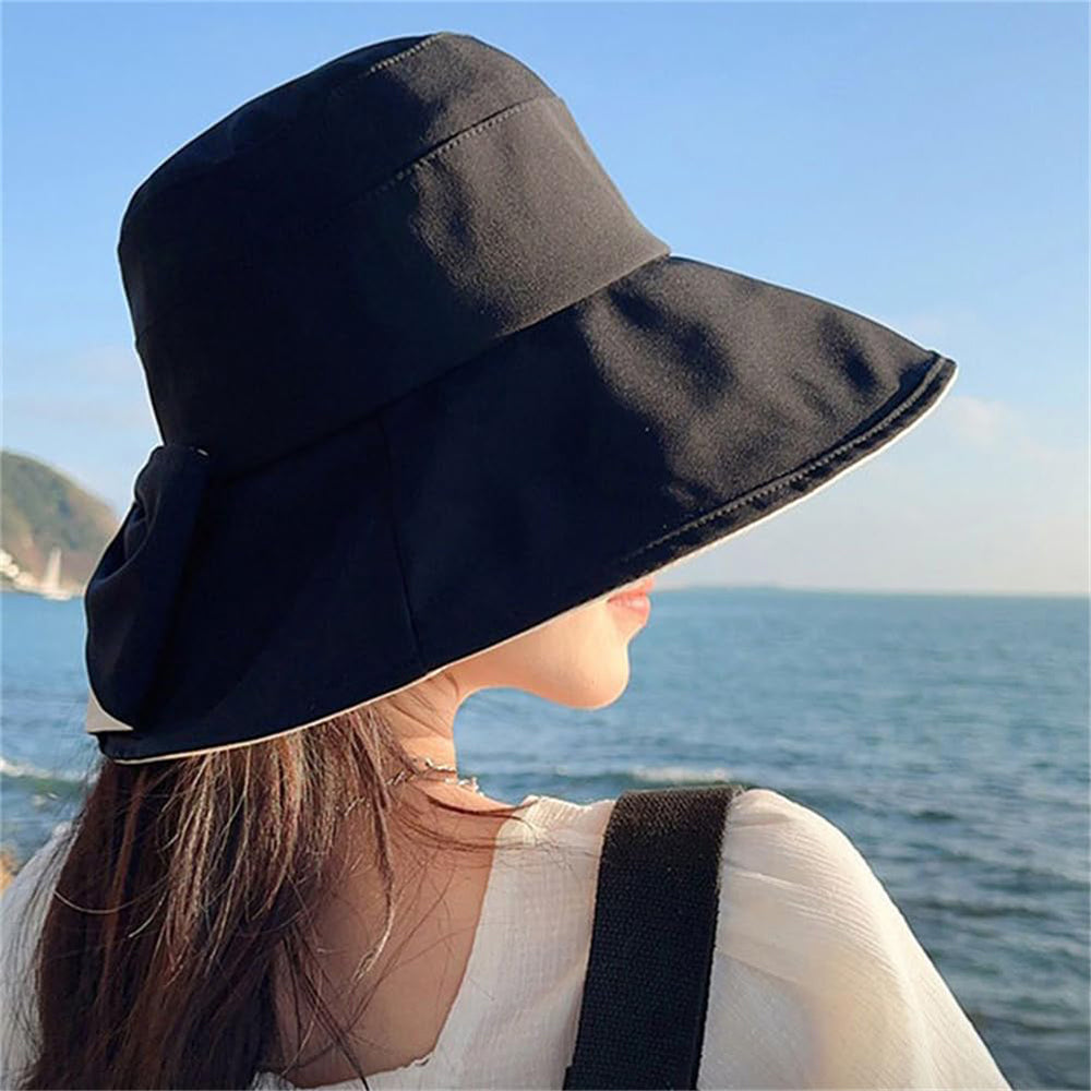 Wide Brim Bow Sun Hat Foldable Breathable Hat for Women - Black