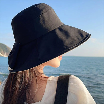 Wide Brim Bow Sun Hat Foldable Breathable Hat for Women - Black