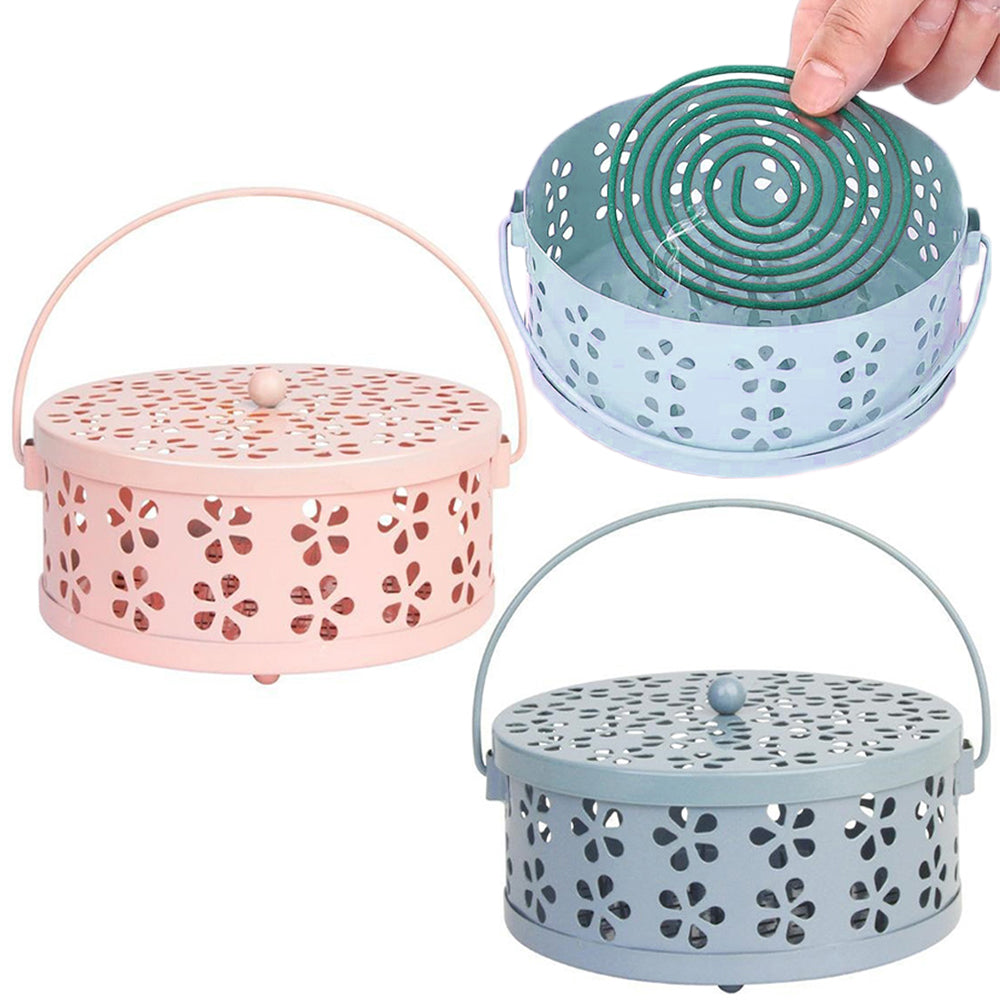 2 Pack Metal Mosquito Coil Holder with Lid Portable Hanging Incense Burner Box Blue Pink