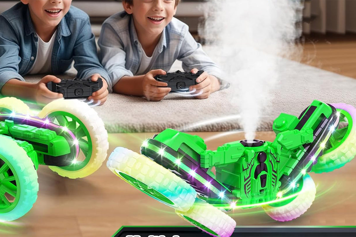 Remote Control Car 360 Degree Rotating RC Cars with Cool Spray 2.4Ghz Double Sided RC Stunt Car with Cool Lights-Green