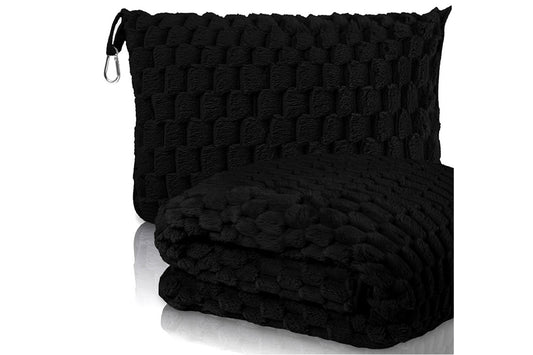 2 in 1 Jacquard Travel Pillow and Blanket Set Packable Travel Blanket for Airplane Car -Black
