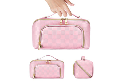 Large Capacity PU Leather Water-Resistant Checkered Cosmetic Bag Travel Makeup Bag-Pink