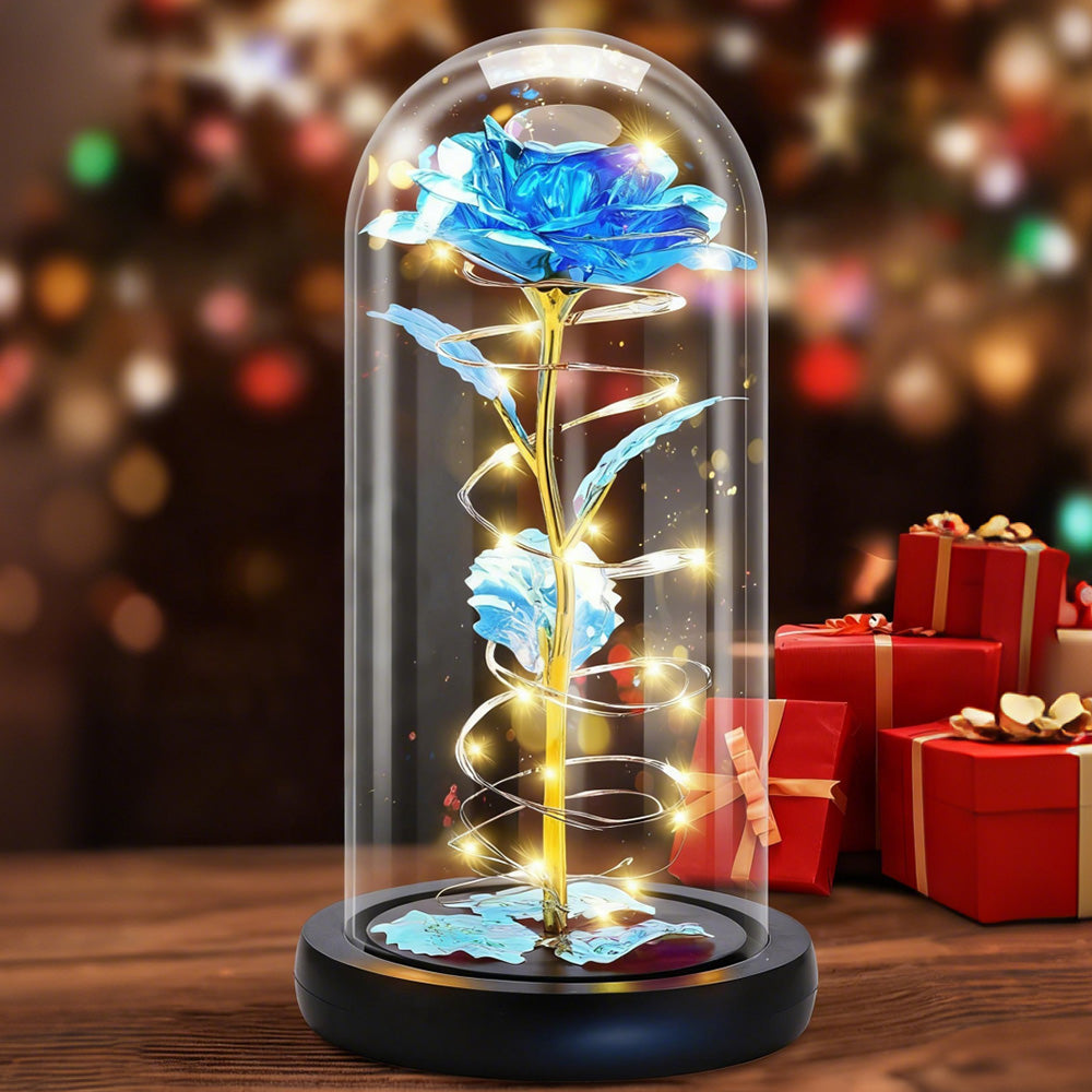 Eternal Rose Night Light in Glass Dome with LED for Bedroom Home Decor Blue