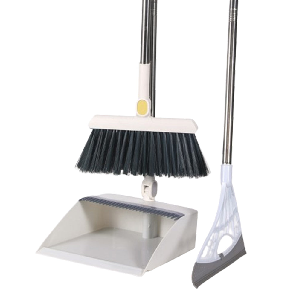 180-Degree Rotating Broom and Foldable Standing Dustpan Set with Scraper for Home Office White