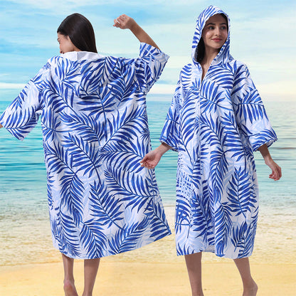 Unisex Hooded Towel Poncho Swim Parka for Adults - Blue Leaf