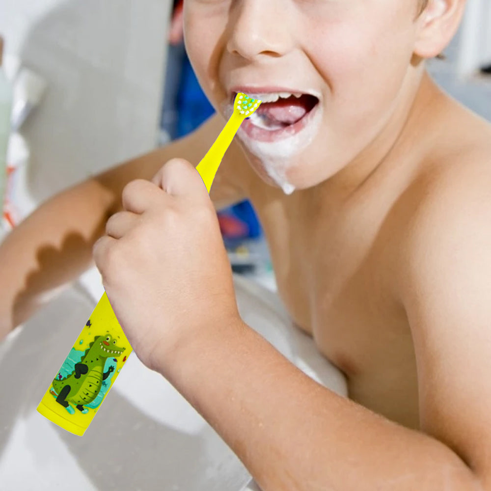 Kids Cartoon Electric Toothbrush Rechargeable Speed Control Toothbrush with 6 Replacement Heads Yellow