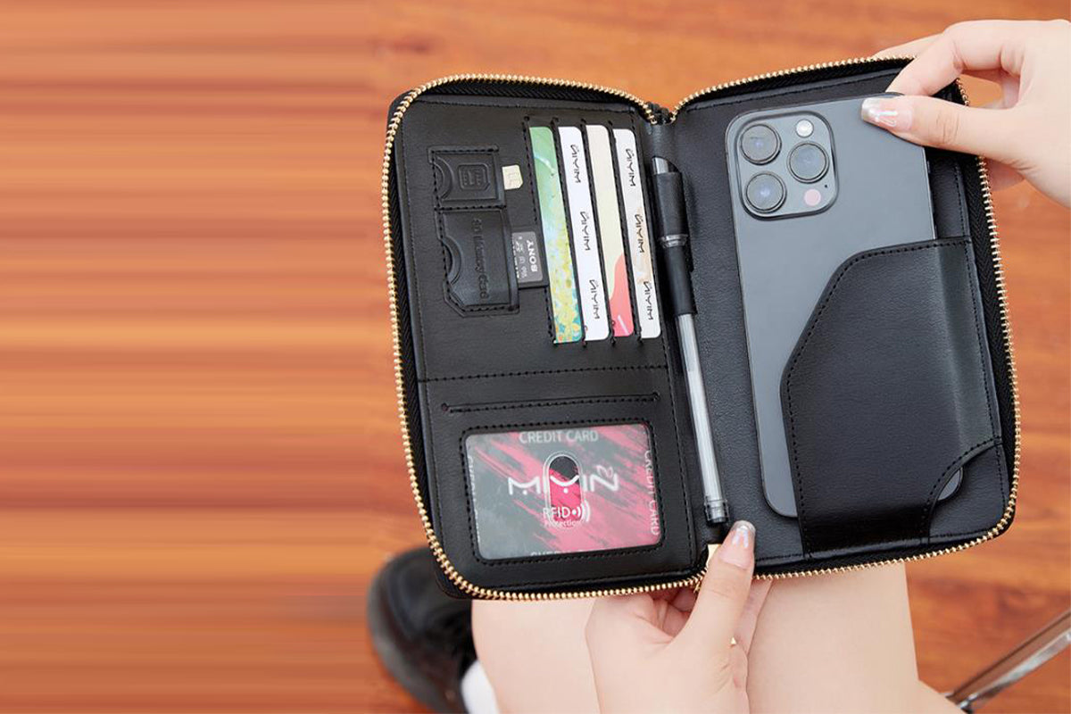 RFID Blocking Passport Wallet PU Document Organizer with Wristlet for Women -Black
