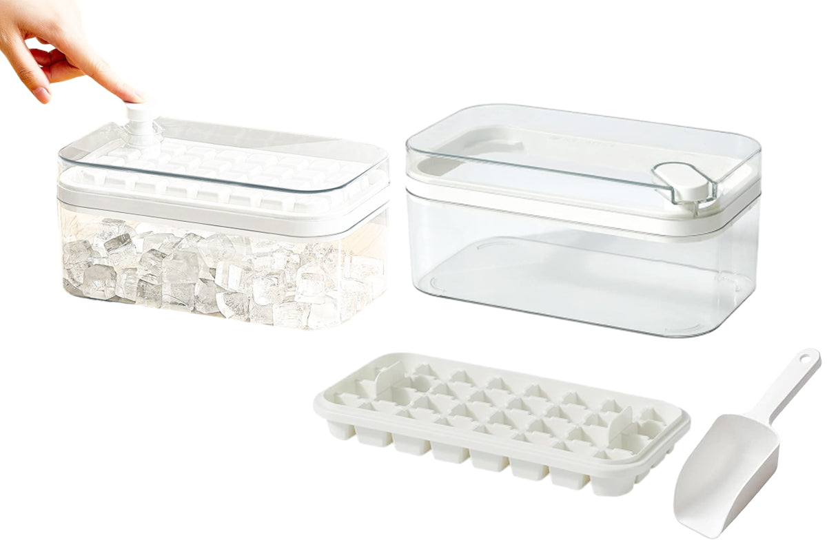 Ice Cube Tray With Lid And Bin For Freezer 64Pcs Ice Cube Mold-White