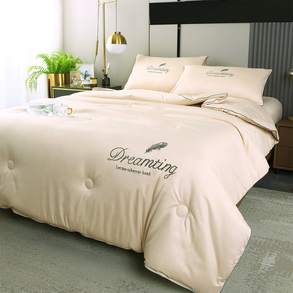 4 Pieces Set Summer Cool Feeling Bedding Set Air Conditioning Comfy Comforter Pillowcase Bed Sheet Khaki