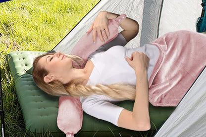 2 in 1 Travel Blanket and Pillow Flannel Blanket with Neck Pillow Case for Airplane Camping-Pink