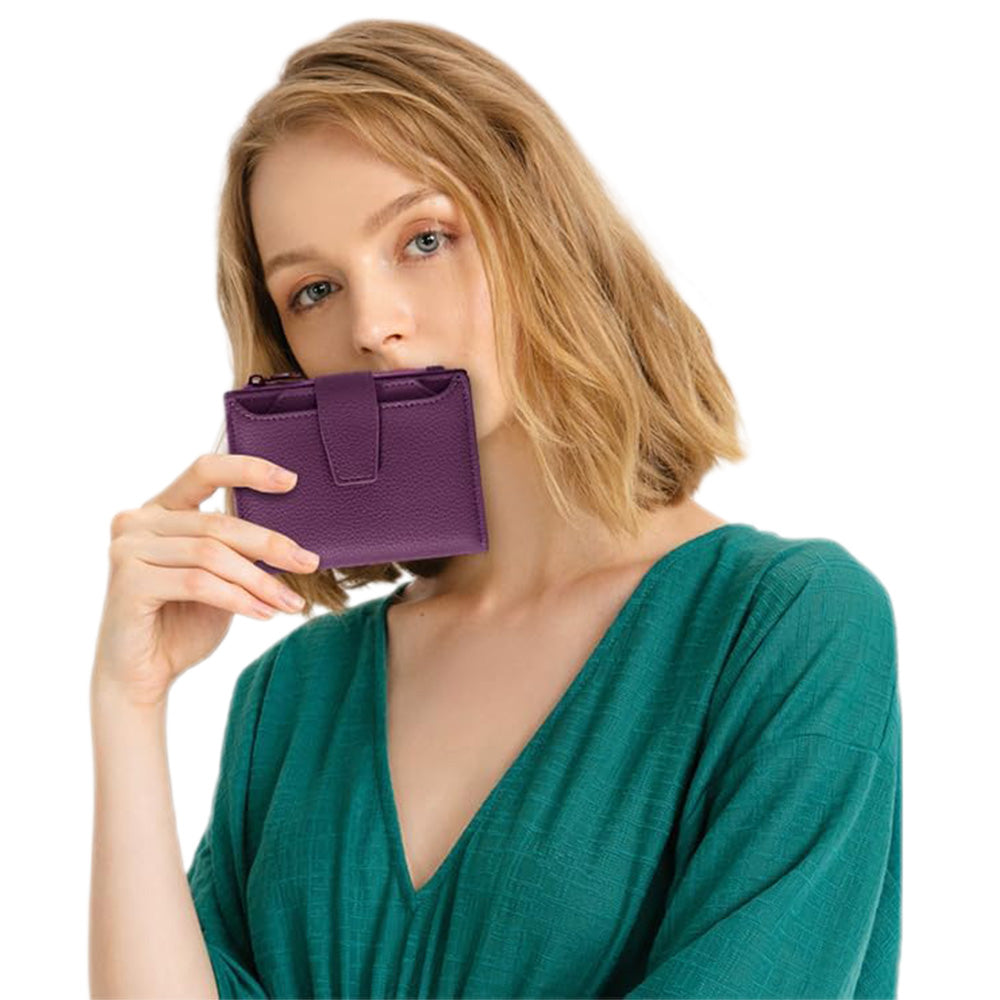 Genuine Leather Women's Wallet Short RFID Blocking Purse with Zipper Purple