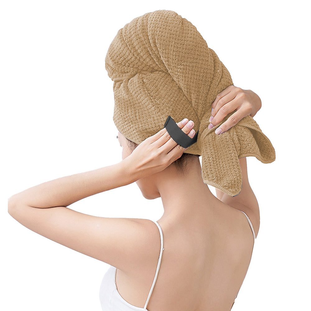 Microfiber Hair Drying Towel Hair Turbans with Elastic Strap Khaki