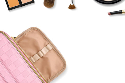 Large Capacity PU Leather Water-Resistant Checkered Cosmetic Bag Travel Makeup Bag-Pink