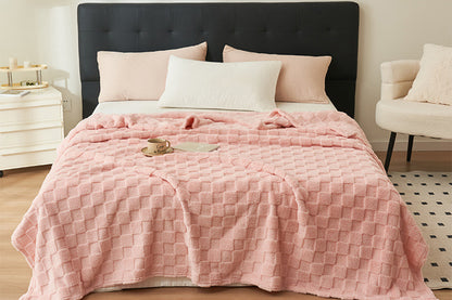 Soft Fleece Throw Blanket Checkered Jacquard Throw Blanket for Couch Bed-Pink