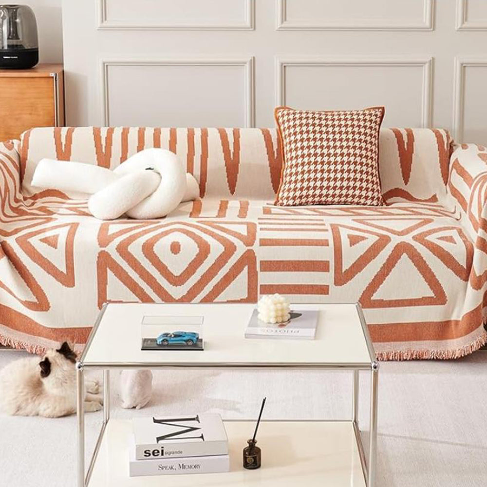 Boho Couch Cover Geometric Sofa Blanket Furniture Protector Orange