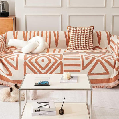 Boho Couch Cover Geometric Sofa Blanket Furniture Protector Orange