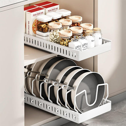 Vertical Pull Out Organizer for Pots and Pans Sliding Storage Rack with Dividers for Kitchen White