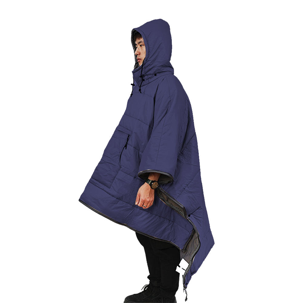 Camping Warm Cloak Cape Poncho Sleeping Bag Wearable Hooded Blanket for Hiking Fishing Outdoor Sport Navy Blue